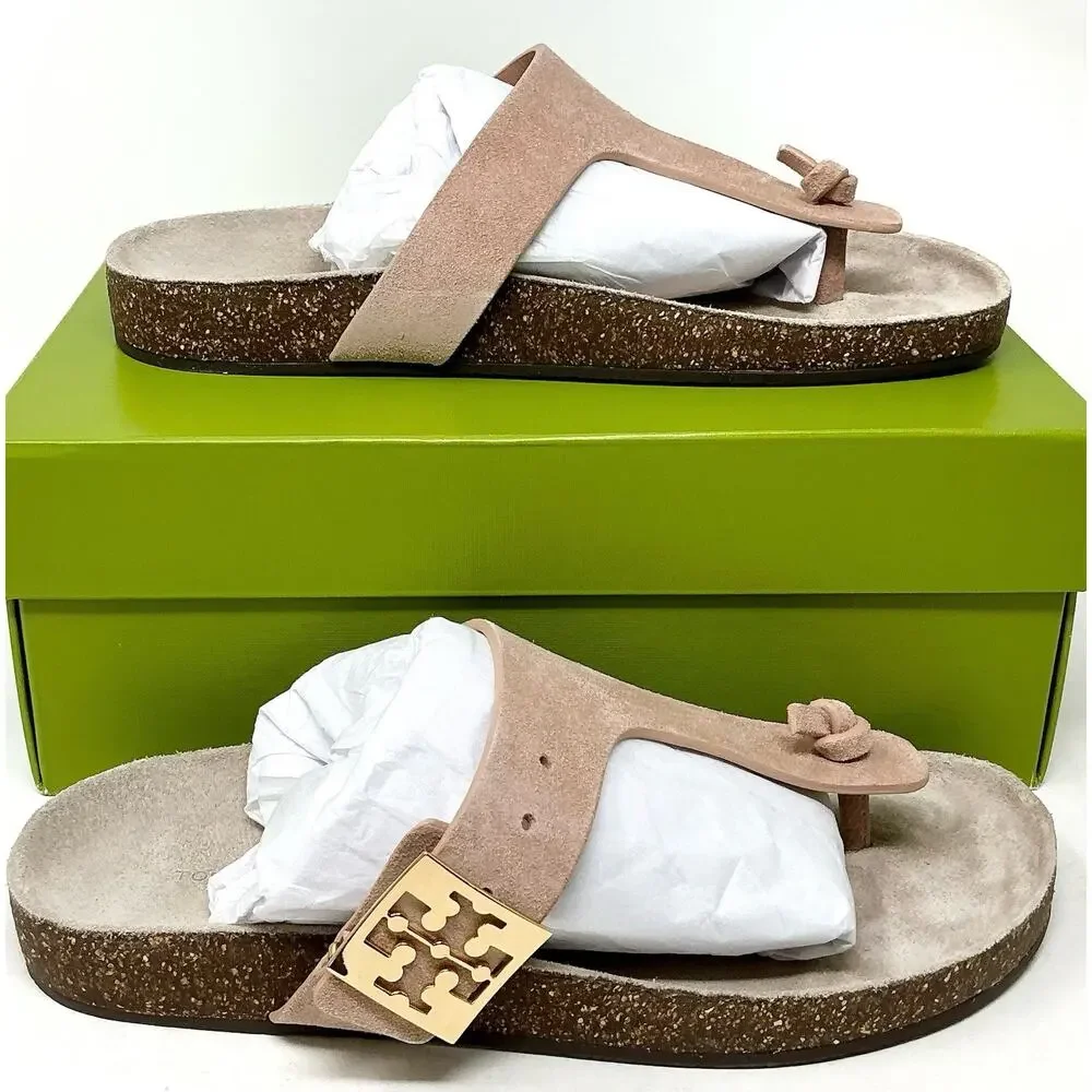 🆕Tory Burch Mellow T-Strap Suede Thong Cork Malva Pink Sandals NIB